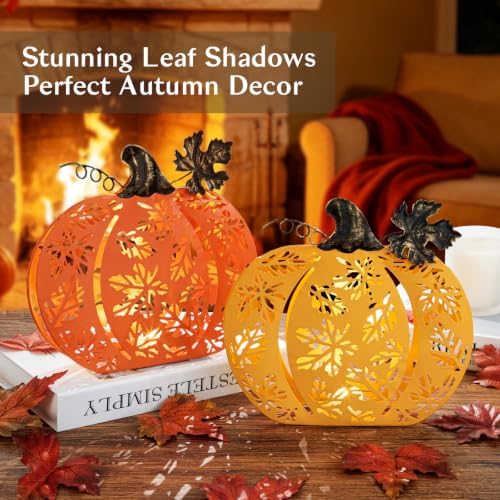 2 Pcs Fall Pumpkins Decor Lighted Metal Pumpkins for Autumn Decoration - Image 4