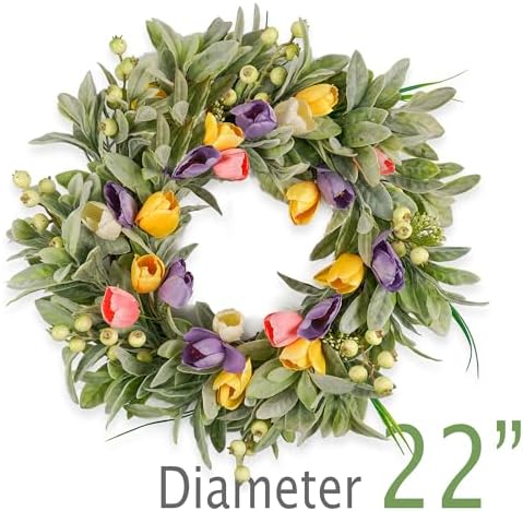 HomeKaren Tulip Spring Wreaths for Front Door 22 Inch, All Season Floral Wreath for Outdoor Indoor Flower, Easter Door Wreath for Spring Summer Easter Home Decor - Image 2