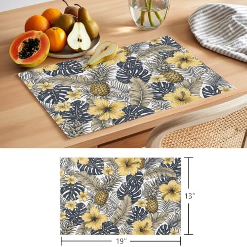 Tropical Plants Placemats Set of 8, Cotton Linen Fabric Place Mats, Yellow Flowers Pineapple Palm Leaves Washable Decorative Table Mats Protector for Home Kitchen Dining Wedding Party Coffee Tables - Image 6