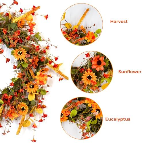 Fall Wreath for Front Door 26 inch Autumn Sunflower Harvest Outdoor - Image 5