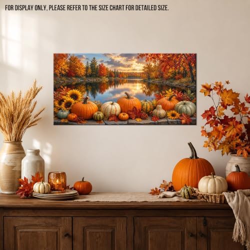 WAXWHELK Fall Canvas Wall Art Pumpkin Autumn Lake Landscape Painting Pictures, Rustic Farmhouse Thanksgiving Artwork for Bedroom Living Room Home Decor, (12"x24") - Image 2