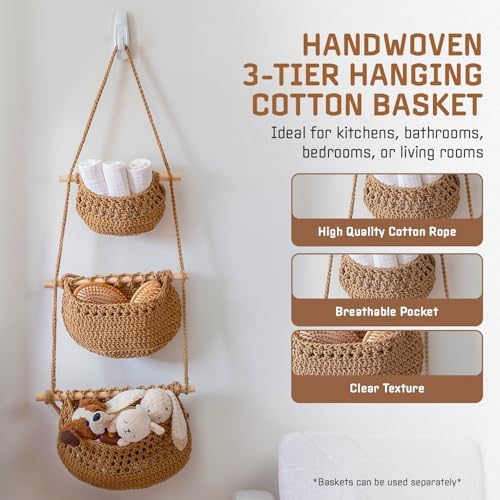 Cotton Hanging Fruit Basket,3 Tier Woven wall Basket, hanging Storage baskets for Kicthen and Bathroom, Macrame wall hanging, Boho Decor Over The Door Decor Organizer, White (Brown) - Image 4