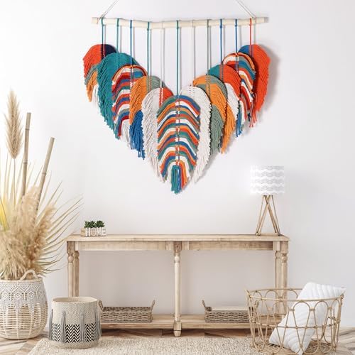 Amestrina Large Macrame Wall Hanging, Boho Chic Macrame Wall Decor, Bohemian Leaf Feather Macrame Wall Art, Handmade Macrame Wall Hanging Tapestry for Bedroom Living Room 31" Wx 31" L (Orange) - Image 6