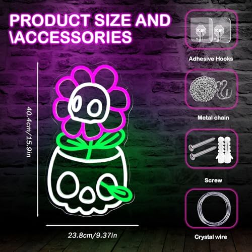 Skull Neon Sign for Wall Decor Halloween LED Sign Dimmable Cute Skull Flower Neon Sign for Boys Girls Bedroom, Game Room, Living Room, Man Cave, Halloween Party Decor Gifts - Image 3