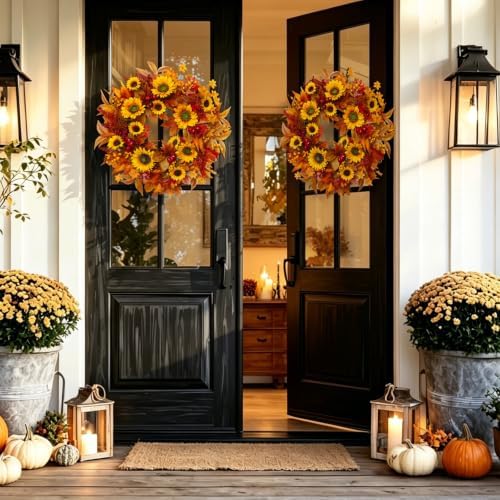 24 Inch Harvest Fall Wreaths for Front Door with Sunflower and Red Berries - Image 2