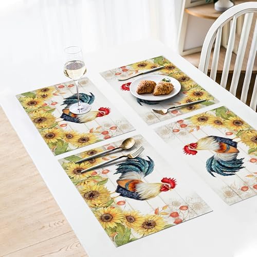 Farmhouse Rooster Placemats Set of 6, 12x18 Inch Country Chicken Table Place Mat Rustic Farm Animal Washable Non-Slip Heat Resistant Fabric Placement Mats for Dining Kitchen Indoor Outdoor Decor - Image 3