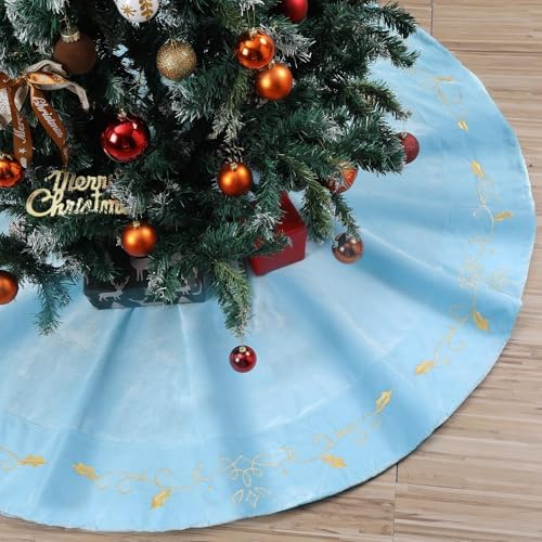 60inch Extra Large Christmas Tree Skirt Blue Luxury Velvet Plush Fur Skirts with Gold Embroidery Xmas Velvet Tree Skirt Holly Leaves Gold Embroidered Trees Skirts for Christmas Holiday Party Decor by QOUBAI