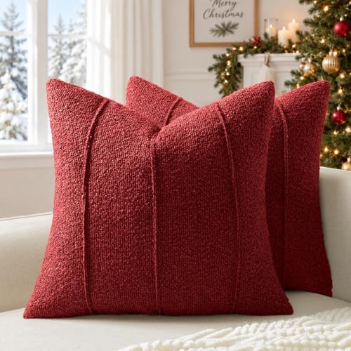 YCOLL Christmas Red Boucle Pillow Covers 22x22 Set of 2, Textured Christmas Pillow Covers with Striped Design, Soft Farmhouse Decorative Throw Pillow Covers for Christmas Decor by PillowCoversExpert