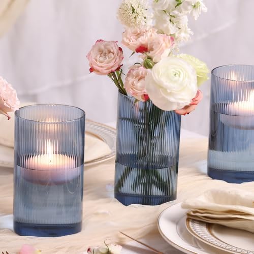 Glass Cylinder Vase 6 Inch Tall- Blue Ribbed Decor for Wedding Centerpieces - Image 4