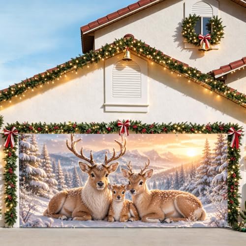 7x16FT Merry Chrismas Garage Door Banner Gingerbread Deer Snowman Santa Claus Winter Garage Door Cover Decoration for Chrismas Outdoor Decoration - Image 2