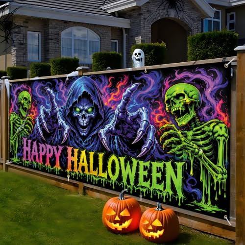 6x13FT Halloween Blacklight Neon Garage Door Cover Decorations happy Halloween Skull Garage Door Banner for Outdoor Indoor Halloween Decorations Party Photography Backdrop - Image 2