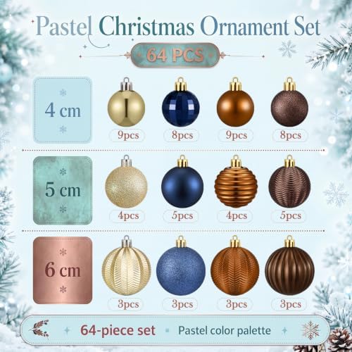 Lunmon 64 Pcs Christmas Ball Ornaments Navy Blue Gold Copper Brown Xmas Bulbs Ornaments 1.6/1.97/2.4 Inch Plastic Hanging Decoration Assorted Size Christmas Decorations for Home Tree Wreath Party - Image 3
