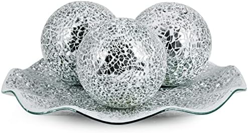 MDLUU Centerpiece Bowl and Balls Set, Mosaic Tray with 3 Pieces Spheres, 12" Decorative Plate with 4" Mosaic Orbs for Home Decor, Gift (Silver) by MDLUU