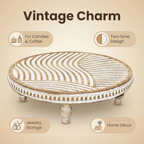 Wood Riser for Kitchen Counter, Round Wooden Trays for Decor, Wavy Lines - Image 3