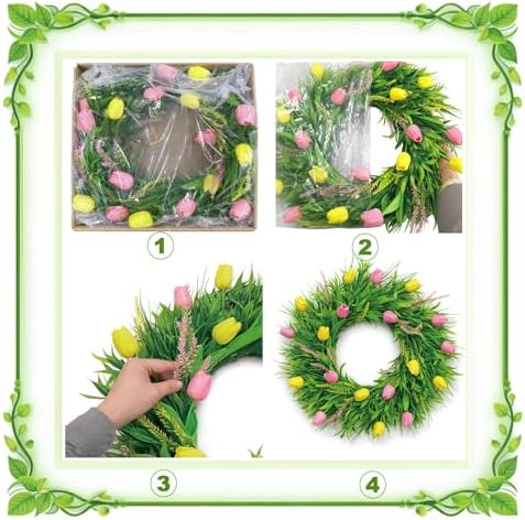 Spring Wreaths for Front Door, 24 Inch Artificial Tulip Wreath with Pink Yellow Lavender and Greenery, All Season Floral Wreath for Home Farmhouse Wall Indoor Outdoor Festival Decor - Image 5