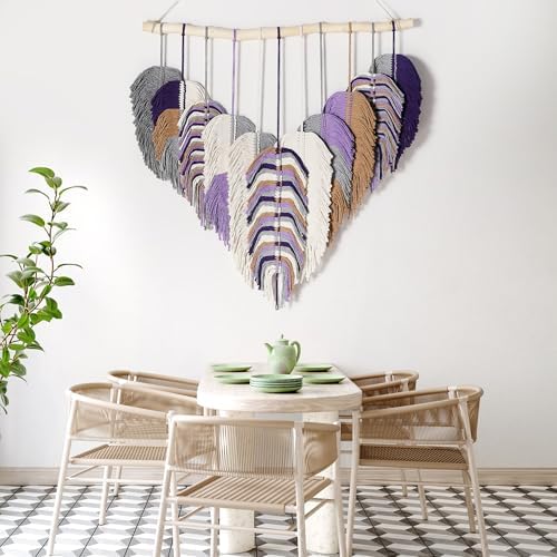 Amestrina Large Macrame Wall Hanging, Boho Chic Macrame Wall Decor, Bohemian Leaf Feather Macrame Wall Art, Handmade Macrame Wall Hanging Tapestry for Bedroom Living Room 31" Wx 31" L (Purple) - Image 5