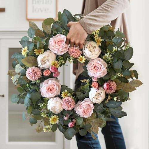 WANNA-CUL 24 Inch Spring Peony Wreath Pink Rose Front Door Wreath - Image 4