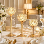 Candle Holder Candlestick Holders- 3Set Gold Crystal Pillar Candle Holders,Metal Candlestick Stands for Wedding Centerpieces,Table Decor for Church,Valentine's Day Housewarming Gift,9Pcs - Image 2