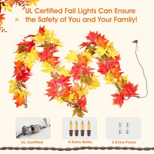 Fall Decorations for Home Large Maple Leaves 9Ft Plug in Fall Lights with 50 Orange Bulbs UL Certified Connectable Fall Decor Garland for Indoor Outdoor Halloween Thanksgiving Harvest Decorations - Image 6