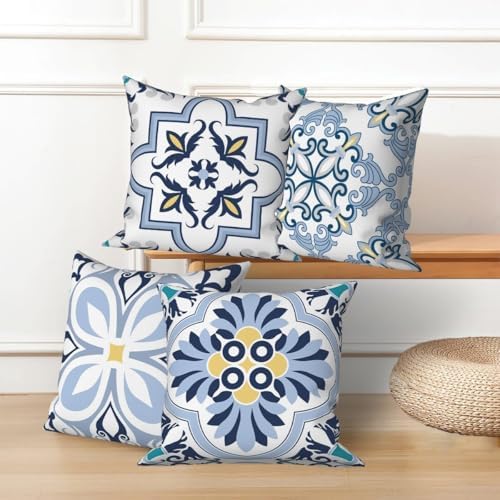 Blue Flowers Geometry Throw Pillow Covers 24"x24" Set of 4, Bohemian Abstract Floral Throw Pillow Cases Moroccan Sofa Cushion Covers for Couch Chair Patio Home Indoor Outdoor Decorative - Image 3
