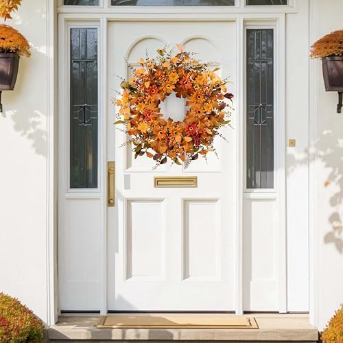 Artificial Fall Wreath 22 Inch Fall Wreaths for Front Door with Orange Berries Daisies Eucalyptus Leaves Autumn Door Wreaths for Thanksgiving Harvest Festival Wall Porch Farmhouse - Image 5