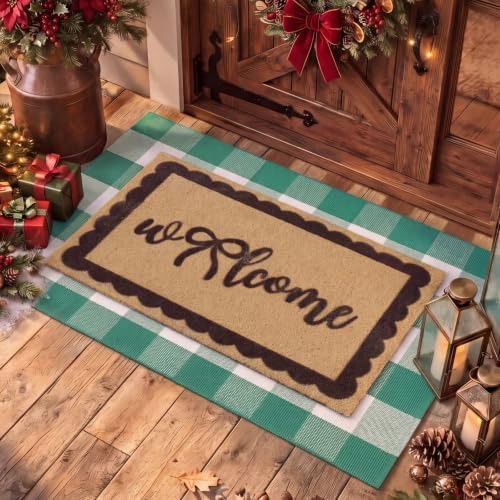 2pcs Christmas Welcome Mat for Front Door Layered Buffalo Plaid Outdoor Rug by Unknown