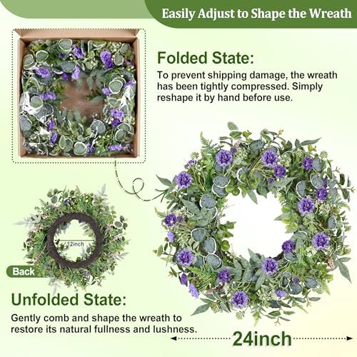 Eucalyptus Wreaths for Front Door, 24 Inch Purple Carnation Wreath - Image 5
