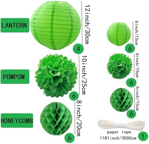 WOLHOWLTD Green Theme Paper Decoration Set - 34 pcs Lanterns,Pompoms,Honeycomb for Woodland,St. Patrick's,Jungle Theme, Wedding,Happy Birthday,Tropical Parties (Green) - Image 2
