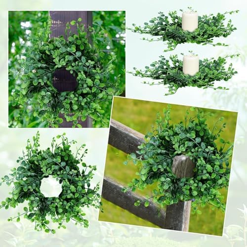8 Pcs Mini Boxwood Wreath Green Table Centerpieces Spring Pillars Candle Rings Wreaths 9 Inch Wreath for Cabinets Farmhouse Wreaths with Ribbon for Front Door Porch Wall Window Decorations - Image 4