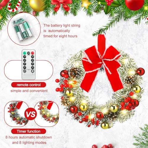 Ceenna 4 Pcs Pre-lit Artificial Christmas Wreaths 14 Inch Timer Lighted Christmas Wreaths with Bow Red Berries Pinecone Pine Needles 8 Model LED Light Xmas Wreath for Front Door Window Wall Holiday - Image 5