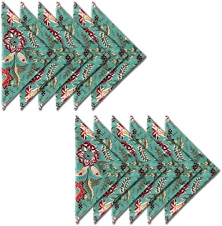 AVKA Studio Cotton Print Dinner Napkins 18x18 inches - Washable Cloth Napkins Set of 12 - Everyday Use or Dinner Party and Events - Teal Green Indian Block Printed Soft Fabric by AVKAStudio