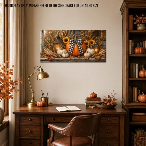WAXWHELK Pumpkin Fall Canvas Wall Art, Lanterns Sunflowers and Gingham Bow Rustic Farmhouse Painting Pictures, Pumpkin Autumn Thanksgiving Artwork Decor for Bedroom Living Room (12"x24") - Image 4