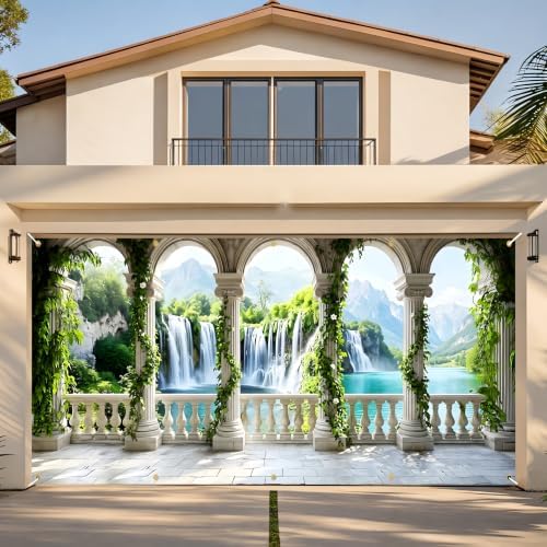 Waterfall Garage Door Banner 6 x 13 FT, Mountain Lake Nature Garage Door Cover, Scenic Archway Garden Outdoor Garage Door Decorations, Landscape Backdrop for Home Patio Party Decor by KKYEJLQYI