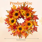 20" Sunflower Fall Wreath for Front Door Outside with Maple Leaves & Berry - Image 4