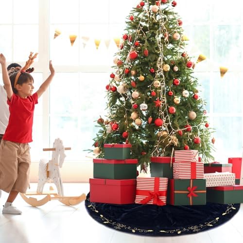 60inch Extra Large Christmas Tree Skirt Navy Blue Luxury Velvet Plush Skirts with Gold Embroidery Xmas Velvet Tree Skirt Holly Leaves Gold Embroidered Trees Skirts for Christmas Holiday Party Decor - Image 6