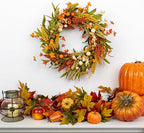 JINGHONG Artificial Fall Wreath 20 Inch Fall Wreaths for Front Door Orange Autumn Wreath with Pumpkins Grain Ears Foliage for Harvest Thanksgiving Day Wall Porch Farmhouse - Image 2