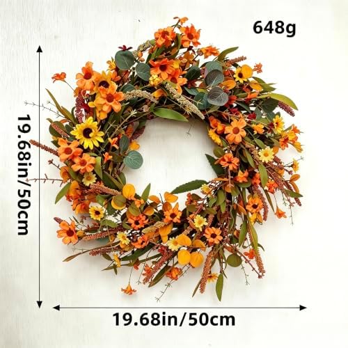 NeoL'artes 24in Artifical Fall Floral Wreath with Orange and Yellow Wildflowers, Sunflowers, and Greenery (Orange) - Image 2