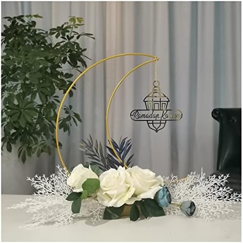 Ramadan Kareem Decorations, Artificial Moon Shape Wreaths Table Decor with Castle Sign, Ramadan Mubarak Metal Rings Floral Ornaments, for Home Desk Fireplace Party Supplies by Faunayo
