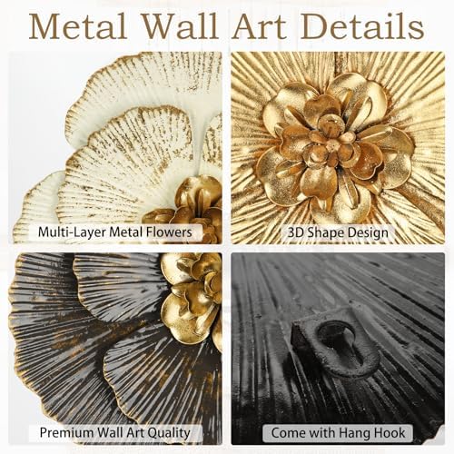 DILATATA 3 Pcs Metal Flower Wall Art Set 10 Inch Rustic Modern Floral Sculpture 3D Metal Flower Wall Hanging Accent for Indoor Living Room Bedroom Kitchen Bathroom Garden Patio Decor - Mixcolor - Image 3