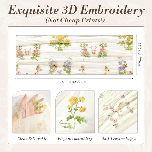 4 Pack Beige Wildflower Floral Table Runner 120", Embroidered Tulle Gauze for Wedding Reception, Boho Vintage Spring Summer Table Decor - Image 3