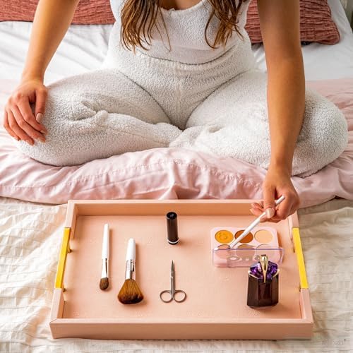 Home Redefined Modern Elegant 17.5"x12" Rectangle Baby Pink Tray Glossy Shagreen Faux Leather Decorative Ottoman Coffee Table Perfume Dresser Kitchen Serving Tray with Gold Polished Metal Handles. - Image 4