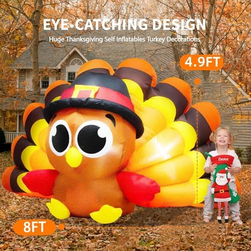 8 FT Thanksgiving Inflatables Turkey Outdoor Decorations Blow Ups Outside, Turkey Baby with Big Tail Pilgrim Hat Built-in LED Lights Yard Decor for Indoor Party Garden Lawn Fall Holiday - Image 2