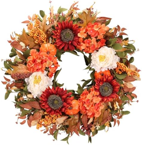 26 Inch Fall Wreath for Front Door, Autumn Harvest Wreath with Pumpkin, Peony, Hydrangea, Sunflower, Berry & Eucalyptus, Large Farmhouse Thanksgiving Wreath Decor for Indoor Outdoor Porch Wall Window by HEYBEKY