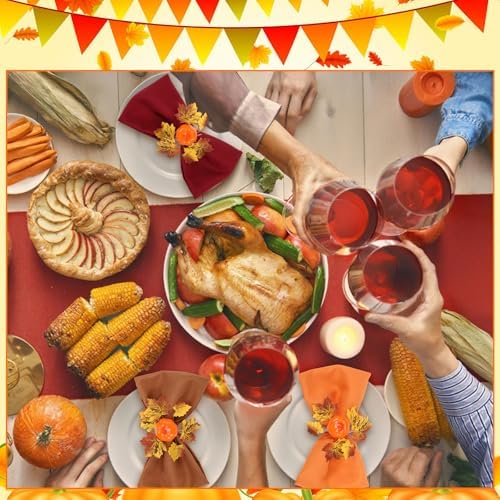 LemonRoad 36 Pcs Fall Cloth Napkins and Napkin Ring Holders, Autumn Reusable Fabric with Wooden Maple Leaf Pumpkin Napkin Rings for Thanksgiving Table Decor Fall Banquet Holiday Dinner Party Supply - Image 5