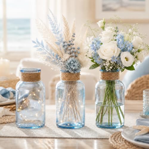 Vintage Glass Flower Vase, 6PCS Farmhouse Blue Mason Jar Vases - Image 3