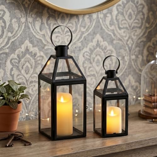 TRIROCKS Set of 2 Black Decorative Lanterns 13"&10" H Metal Candle Holders with Tempered Glass for Christmas Home Decor Living Room Parties Wedding Halloween Tabletop Indoors Outdoors - Image 2