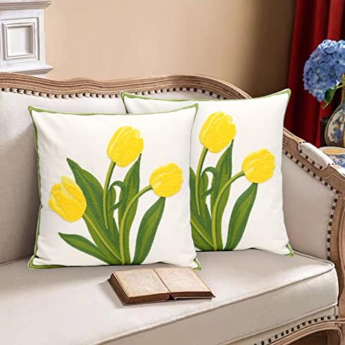 Pack of 2 Embroidered Decorative Throw Pillow Cover 18x18 Inch Farmhouse Floral Pillowcase for Living Room Sofa Bed (Yellow Tulip) - Image 2