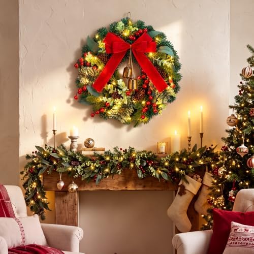 Knitgrip Red Velvet Ribbon Pre-Lit Christmas Wreaths for Front Door - Image 4