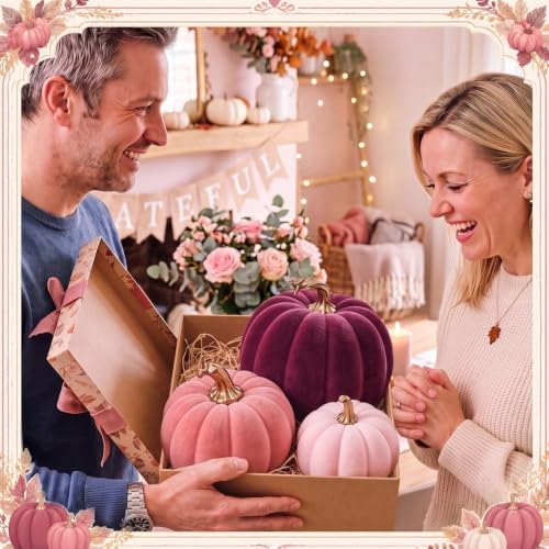 Bucherry 3 Pcs Velvet Pumpkin Decor Set 3D Foam Pumpkin, Pink - Image 6