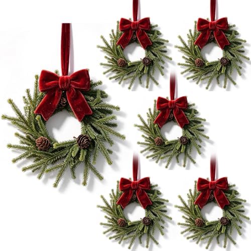 6 Set Christmas Hanging Wreaths Small Artificial Pine Cedar Wreaths with Red Velvet Ribbon Pine Cones Mini Faux Evergreen Wreath for Front Door Porch Cabinet Window Xmas Holiday Home Decorations by Unknown